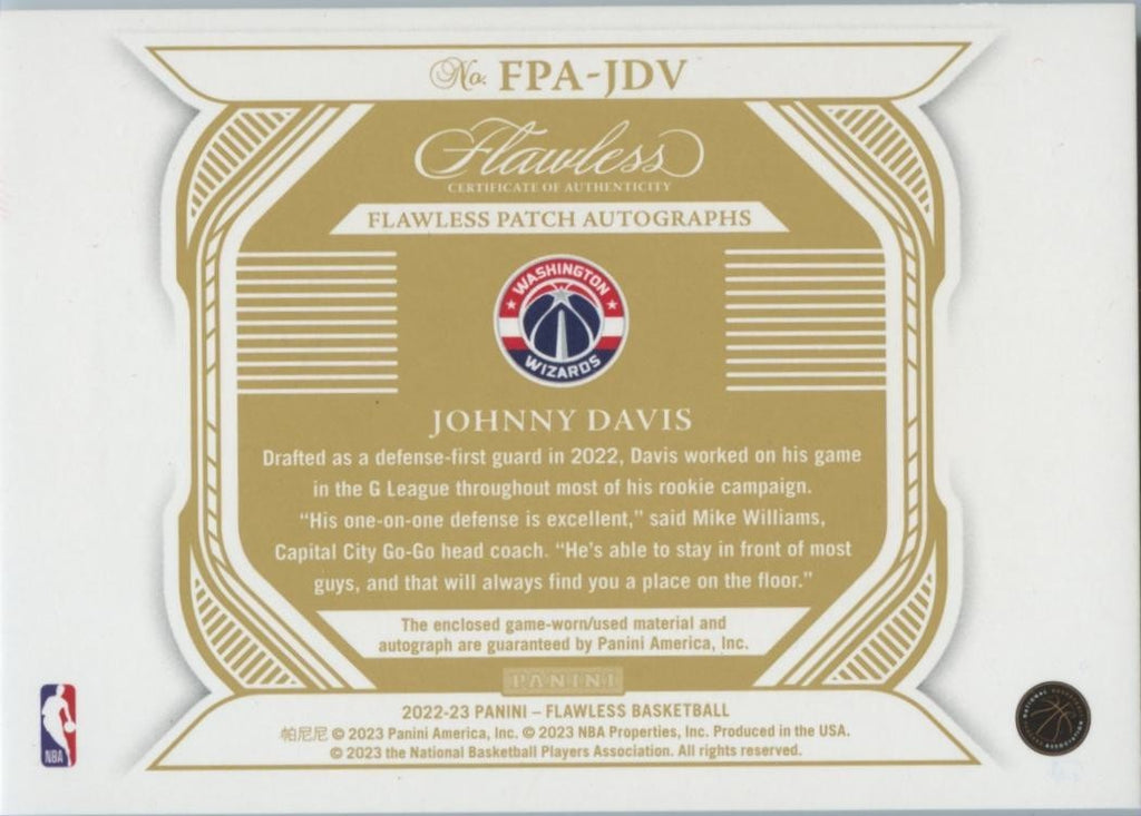 Johnny Davis 2022-23 Flawless Auto Autograph Game Worn LOGO Patch Wizards 6/10