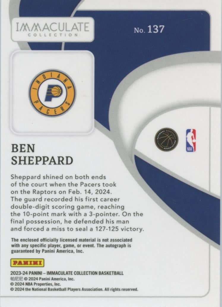 Ben Sheppard 2023-24 Immaculate Auto Autograph Patch Rookie Indiana Pacers 1/10