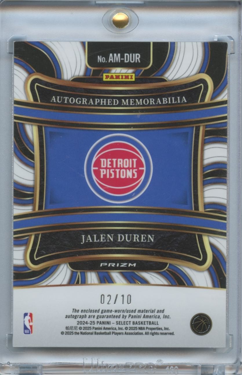 Jalen Duren 2024-25 Select GOLD Auto Autograph Game Worn Patch Pistons 2/10