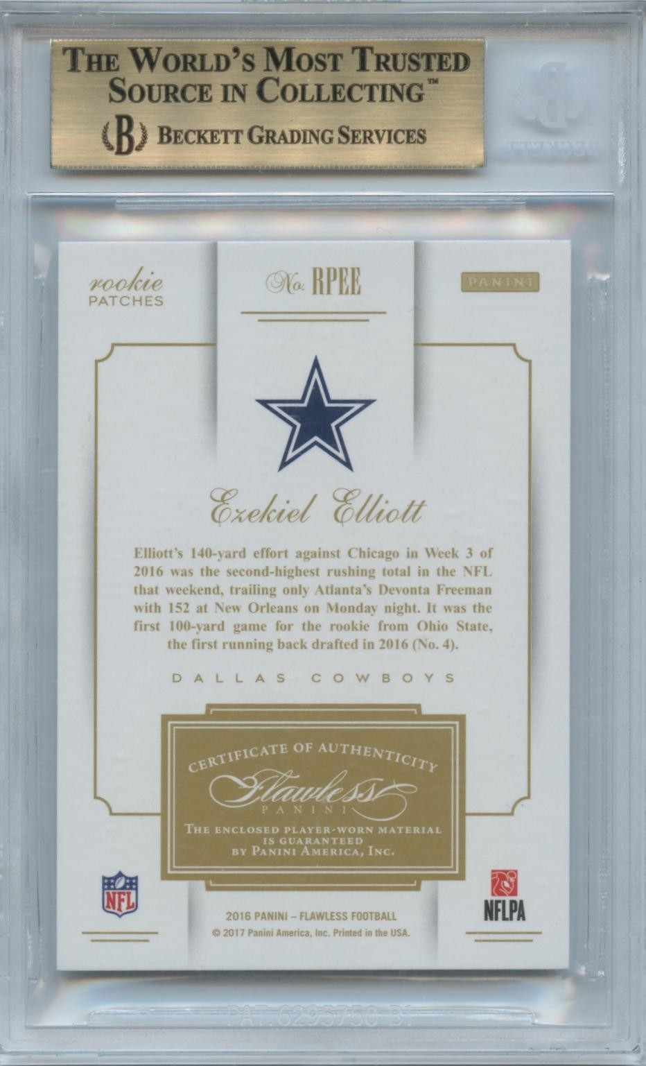 Ezekiel Elliott 2016 Flawless Jersey Patch Rookie Dallas Cowboys 15/20 BGS 9.5