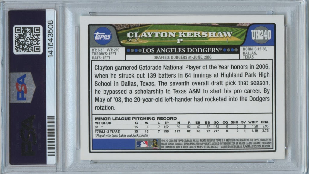 Clayton Kershaw 2008 Topps Update Rookie RC Los Angeles Dodgers #UH240 PSA 9