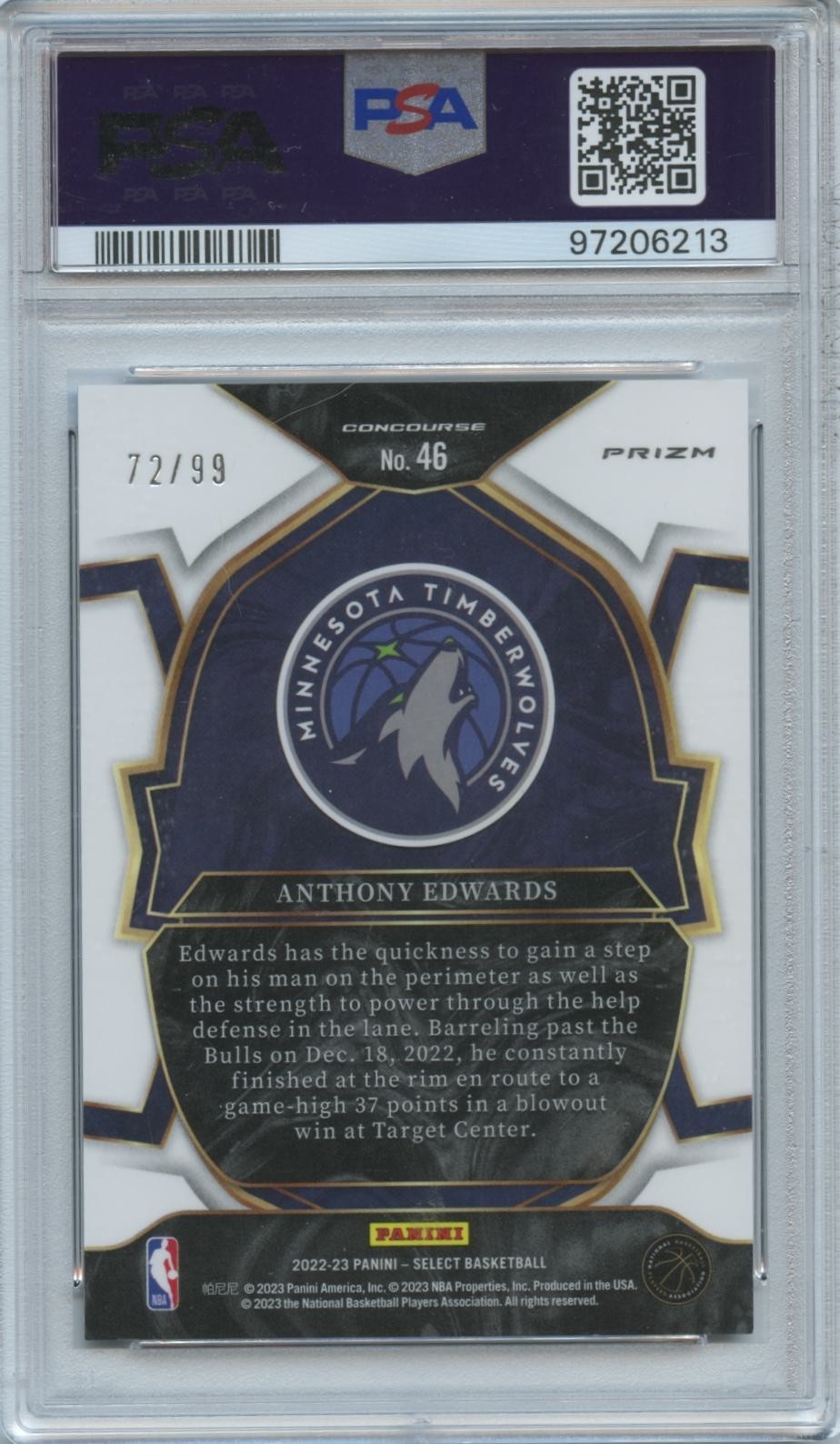 Anthony Edwards 2022-23 Select Light Blue Disco Prizm Timberwolves 72/99 PSA 10