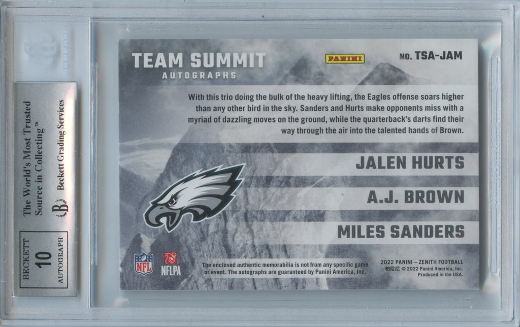 Jalen Hurts / AJ Brown / Sanders 2022 Zenith Triple Autograph Eagles 1/10 BGS 8