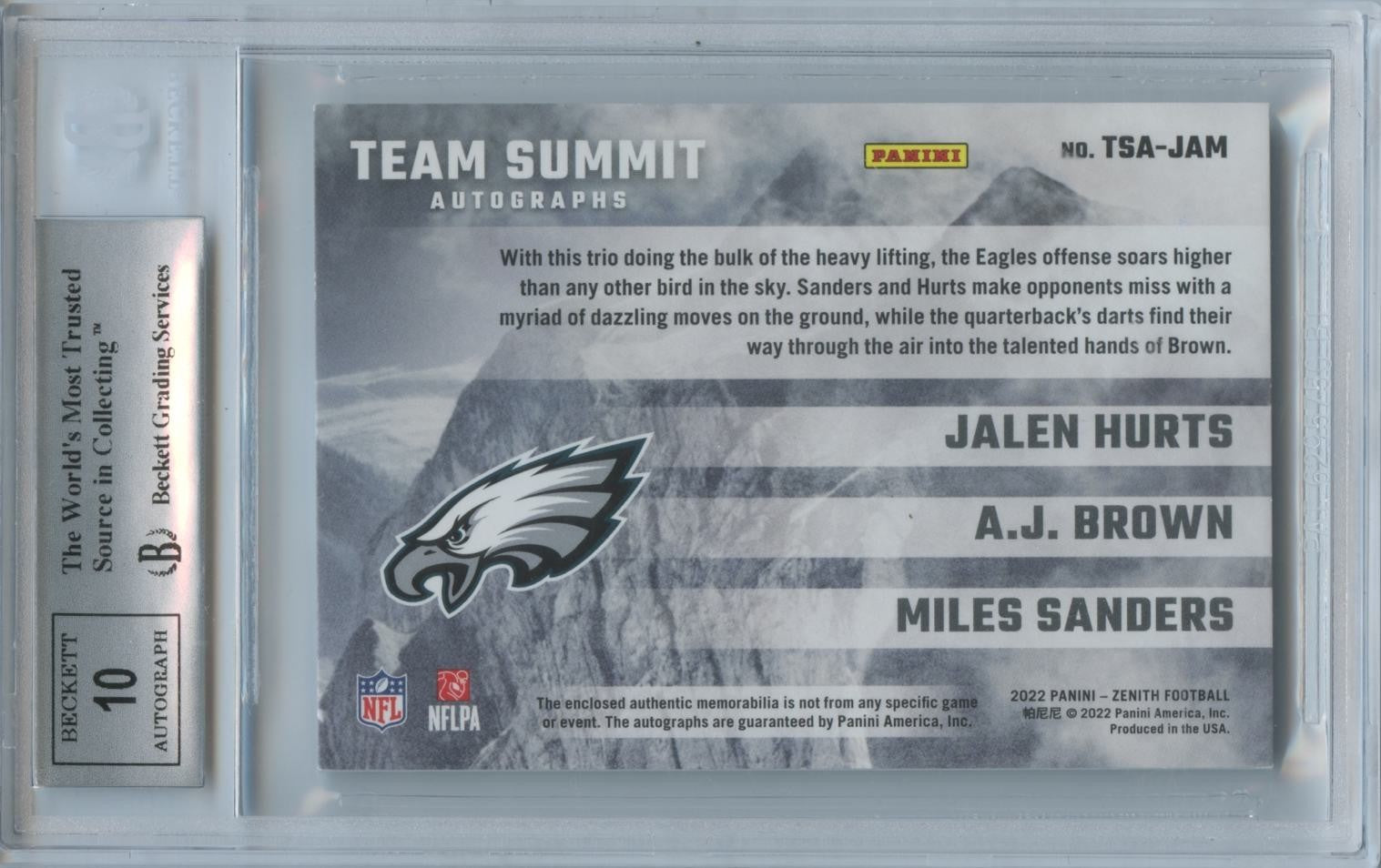 Jalen Hurts / AJ Brown / Sanders 2022 Zenith Triple Autograph Eagles 1/10 BGS 8