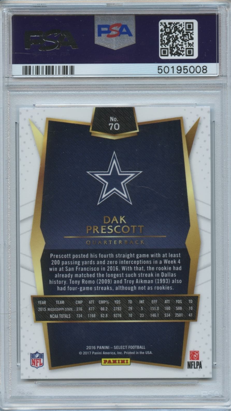 Dak Prescott 2016 Select Silver Prizm Rookie RC Dallas Cowboys #70 PSA 10
