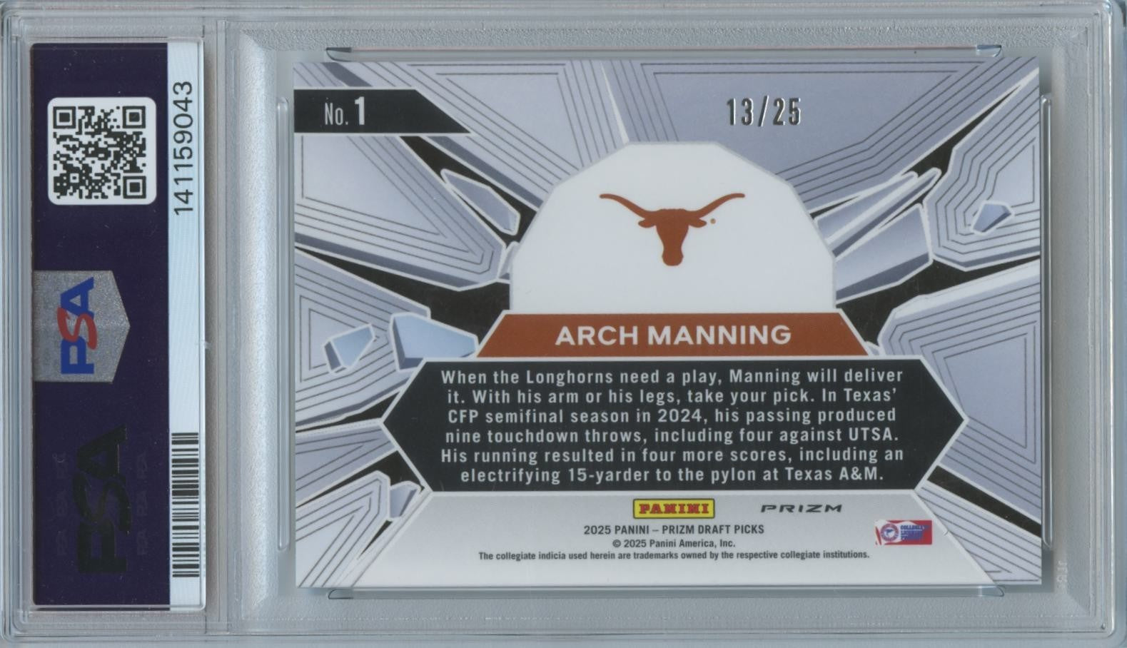 Arch Manning 2025 Prizm Break Mojo Prizm Rookie RC 13/25 Texas Longhorns PSA 10