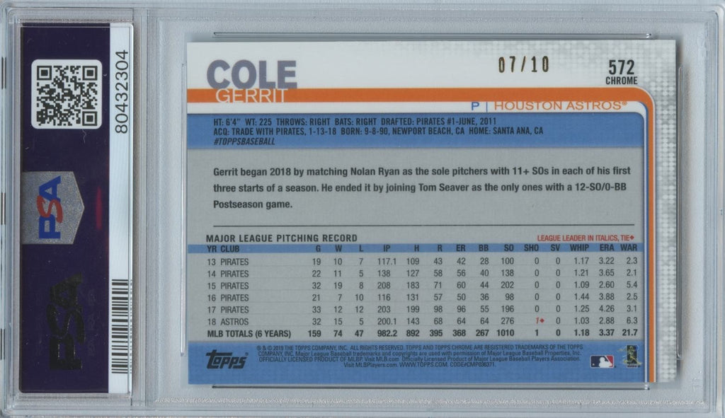 Gerrit Cole 2019 Topps Chrome Sapphire Purple Refractor SSP Astros 7/10 PSA 9