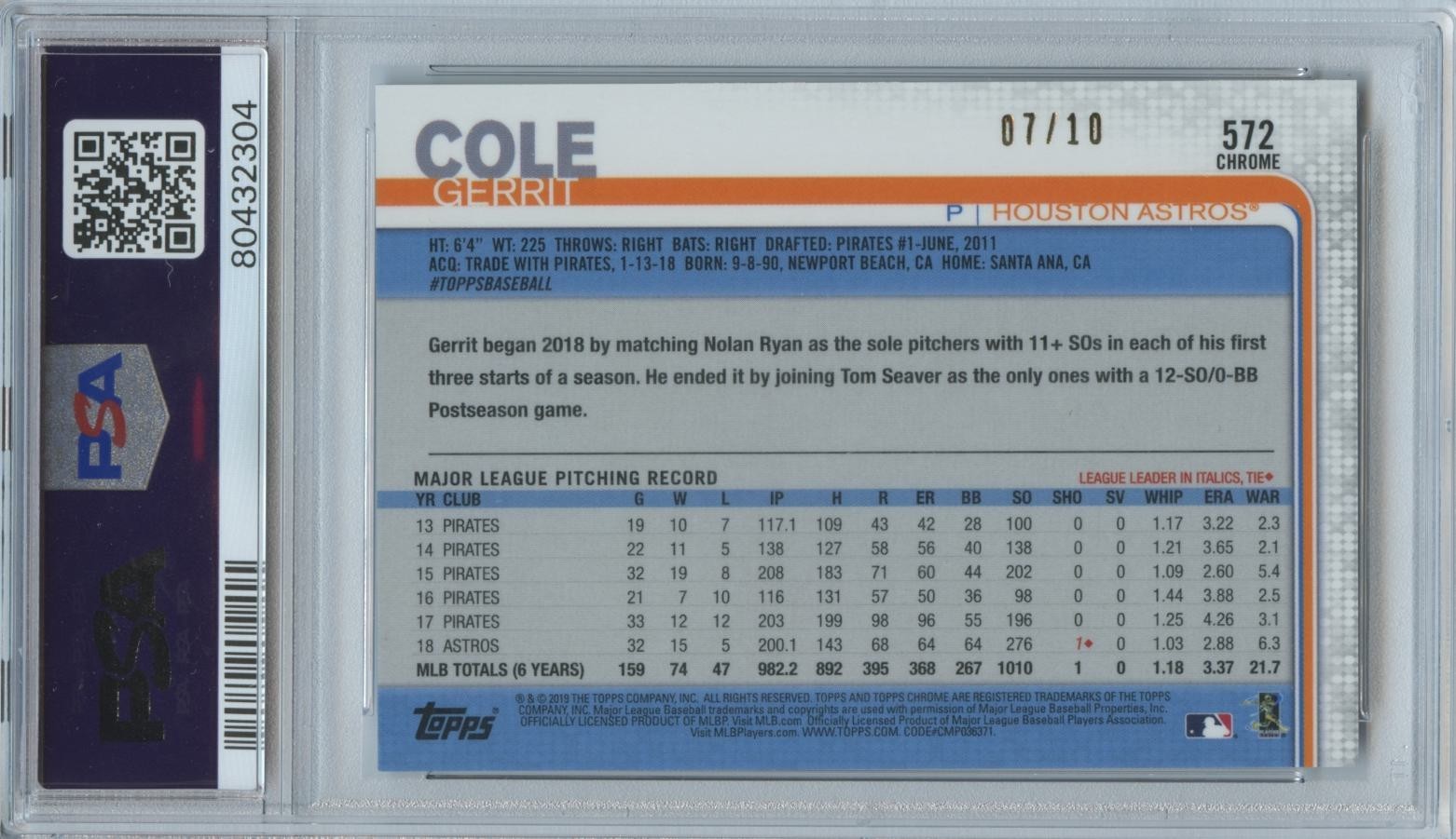 Gerrit Cole 2019 Topps Chrome Sapphire Purple Refractor SSP Astros 7/10 PSA 9