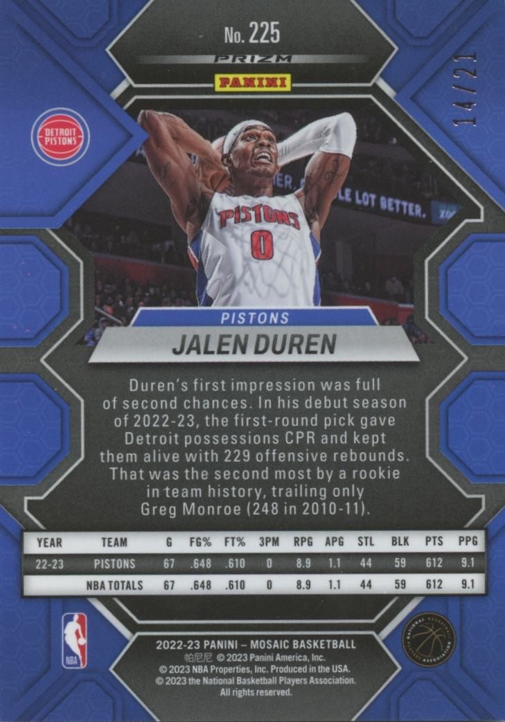 Jalen Duren 2022-23 Mosaic Fusion Green Prizm Rookie RC Detroit Pistons 14/21