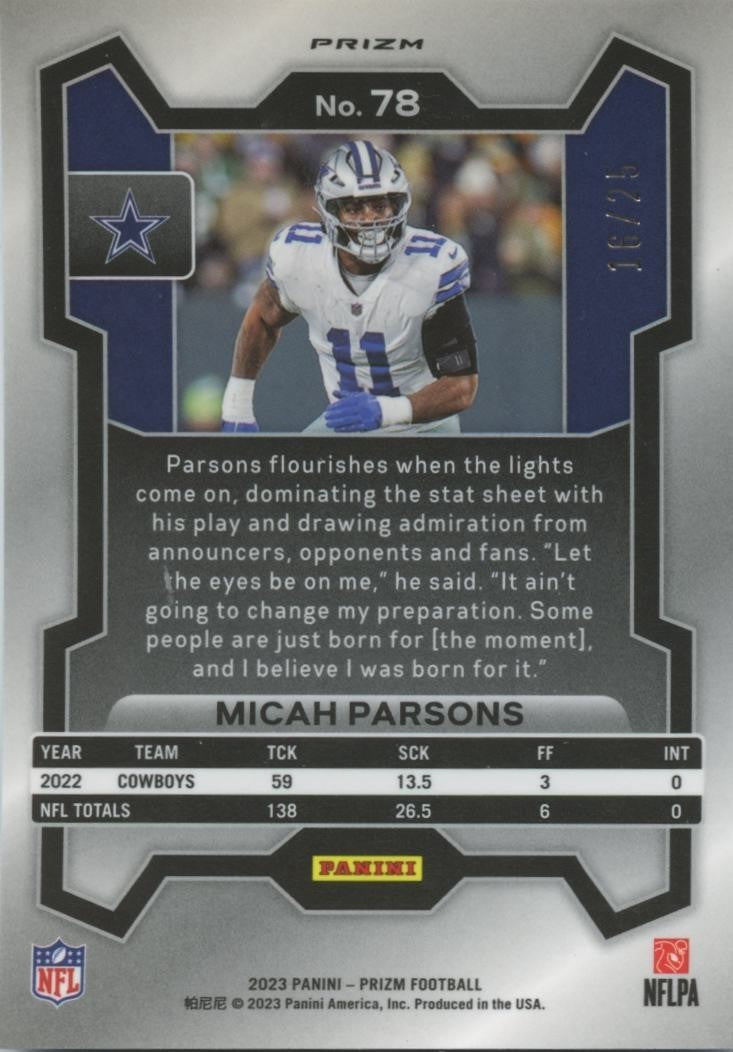 Micah Parsons 2023 Prizm Blue Camo Prizm SSP Dallas Cowboys 16/25