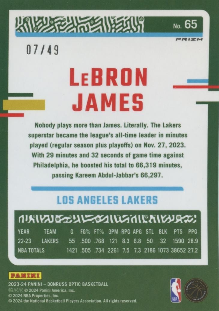 Lebron James 2023-24 Optic Blue Prizm Los Angeles Lakers 7/49 #65