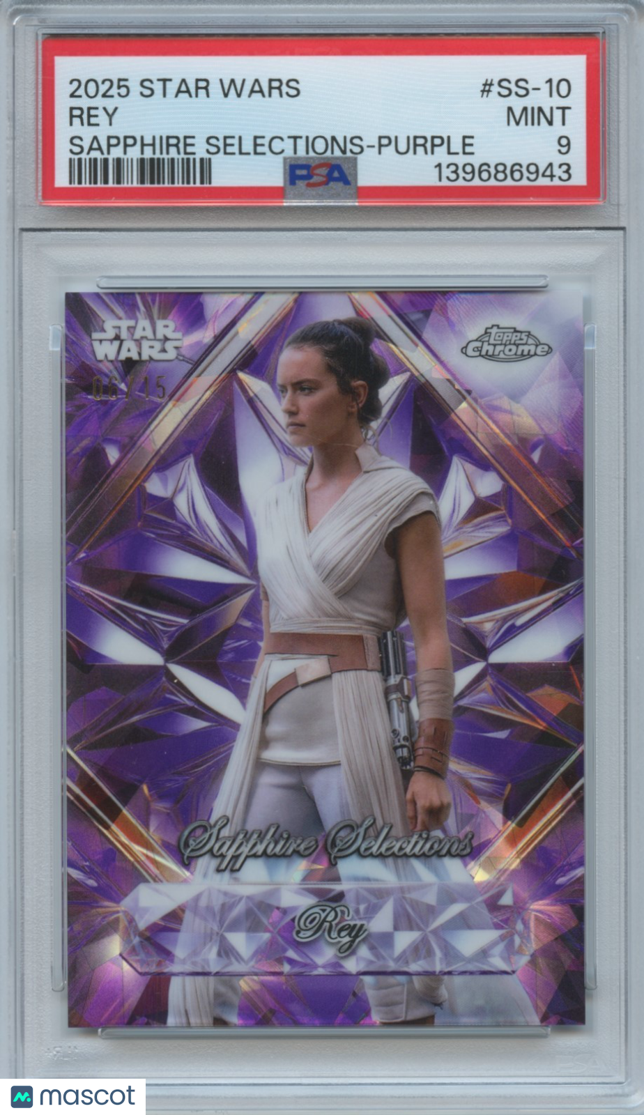 Rey 2025 Topps Chrome Sapphire Selections Purple Refractor Star Wars 6/15 PSA 9