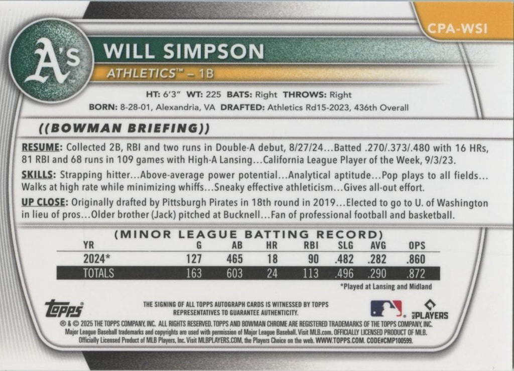 Will Simpson 2025 Bowman Chrome 1st Grass Auto Autograph RC Athletics 76/99
