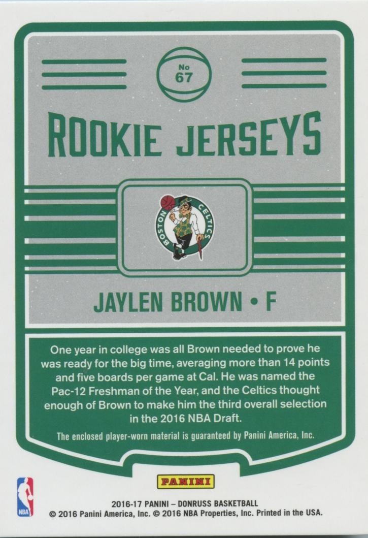 Jaylen Brown 2016-17 Donruss Jersey Patch Rookie RC GOLD Boston Celtics 12/25
