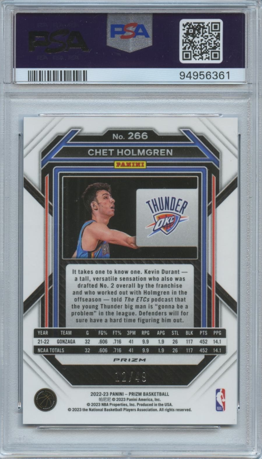 Chet Holmgren 2022-23 Prizm Blue Scope Rookie RC OKC Thunder 12/49 PSA 9