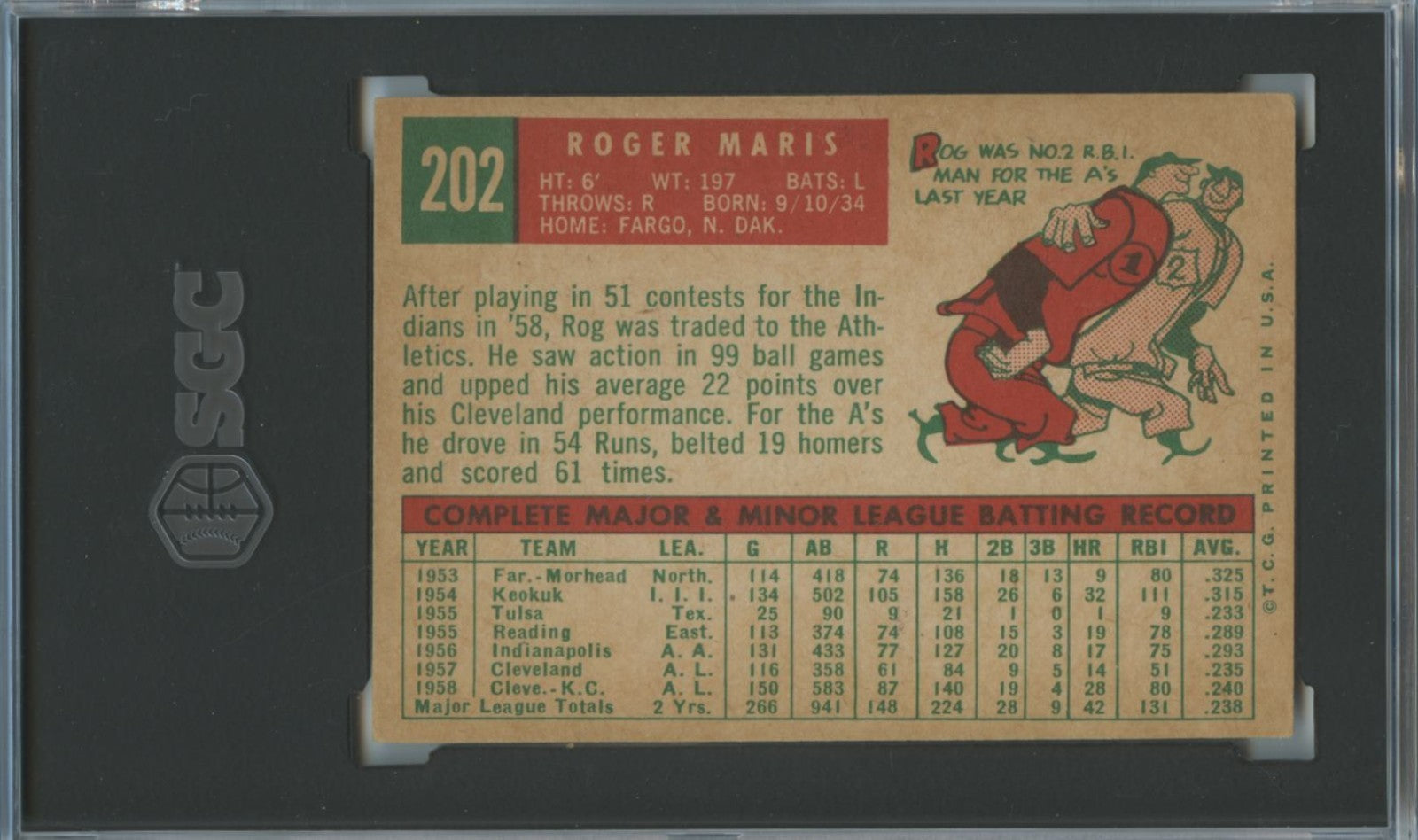 Roger Maris 1959 Topps Baseball Card Kansas City Athletics #202 SGC 5.5