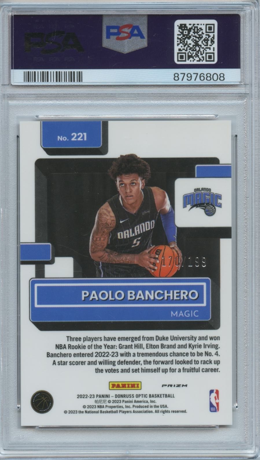 Paolo Banchero 2022-23 Optic Rated Rookie Orange Prizm RC Magic 170/199 PSA 9