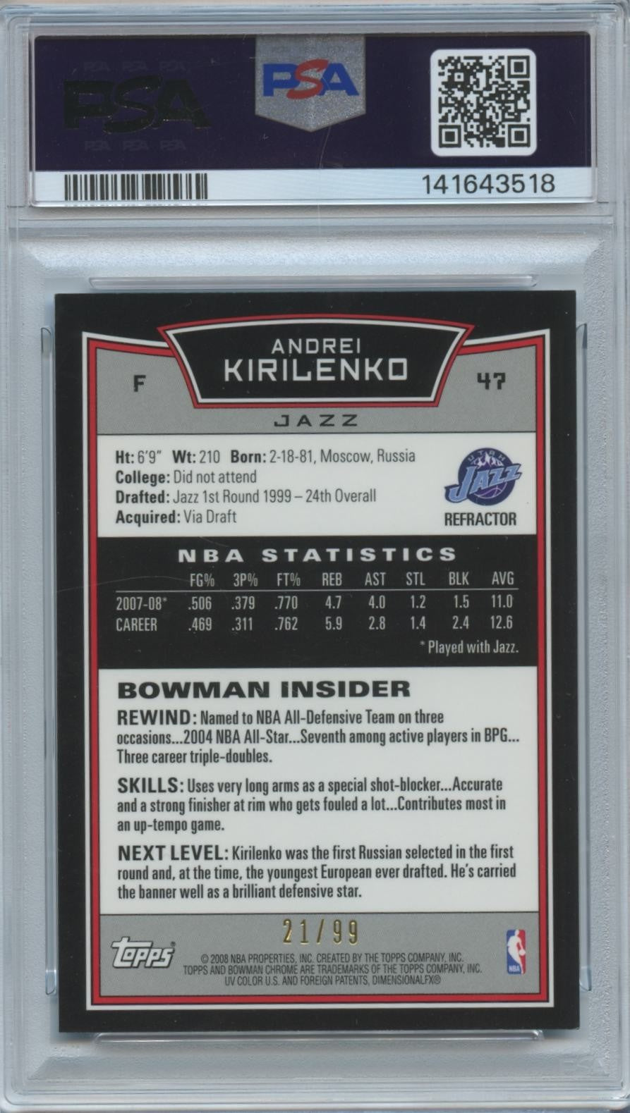 Andrei Kirilenko 2008 Bowman Chrome Blue Refractor Utah Jazz 21/99 PSA 9