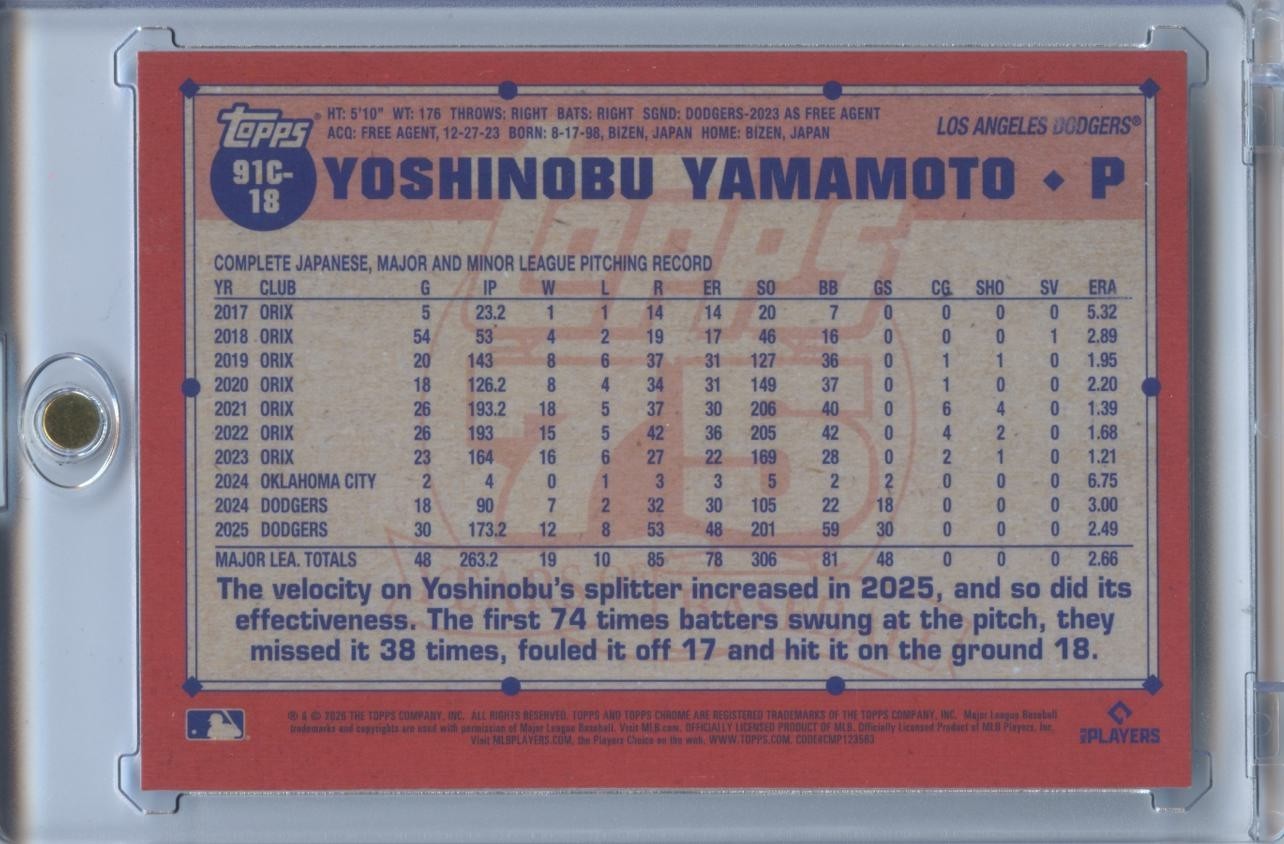 Yoshinobu Yamamoto 2026 Topps Chrome '91 Blue Refractor Los Angeles Dodgers /150