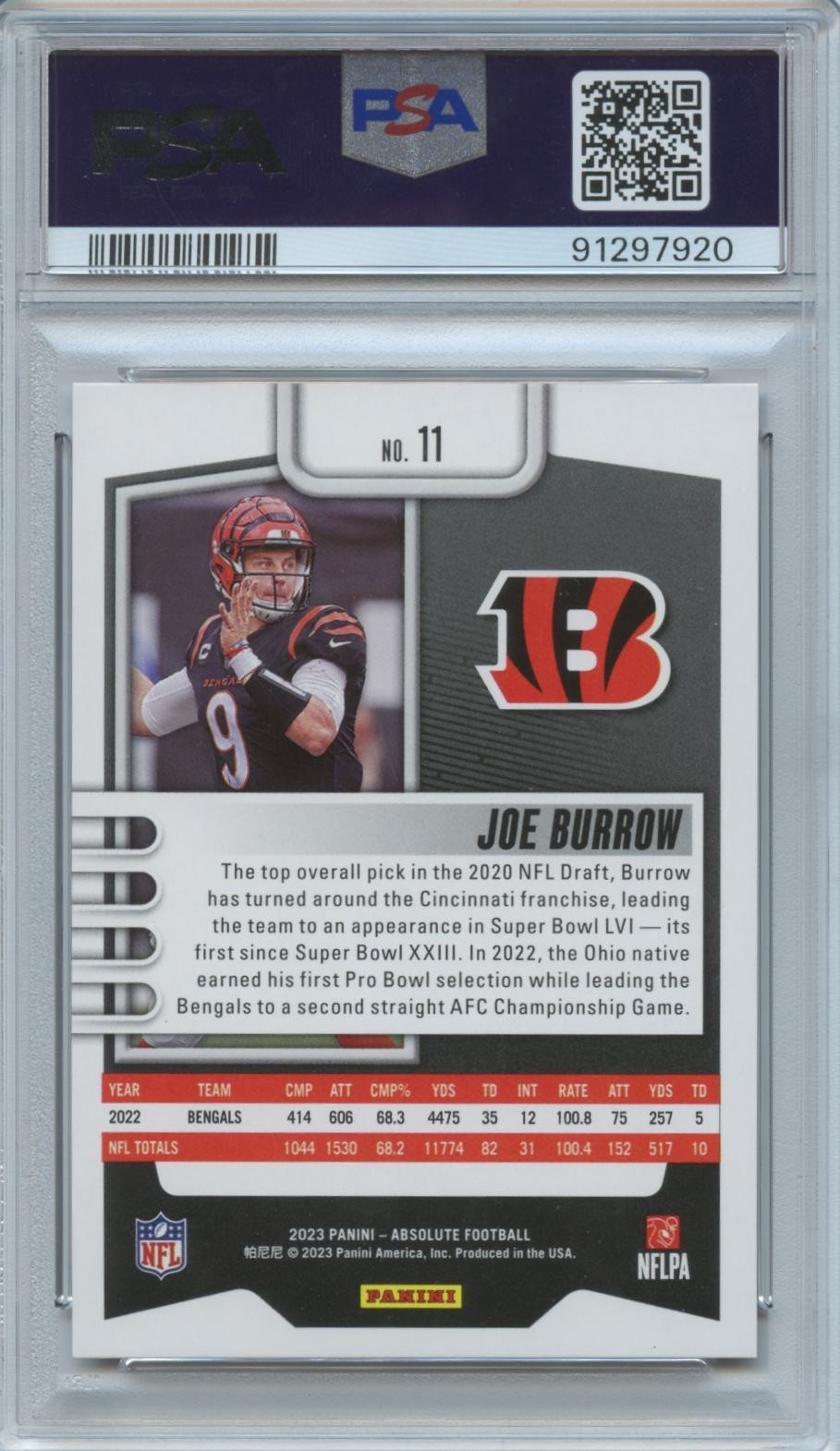 Joe Burrow 2023 Absolute Red Squares Cincinnati Bengals 53/499 PSA 10