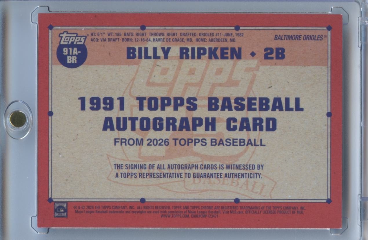 Billy Ripken 2026 Topps On Card Auto Autograph Baltimore Orioles 78/150