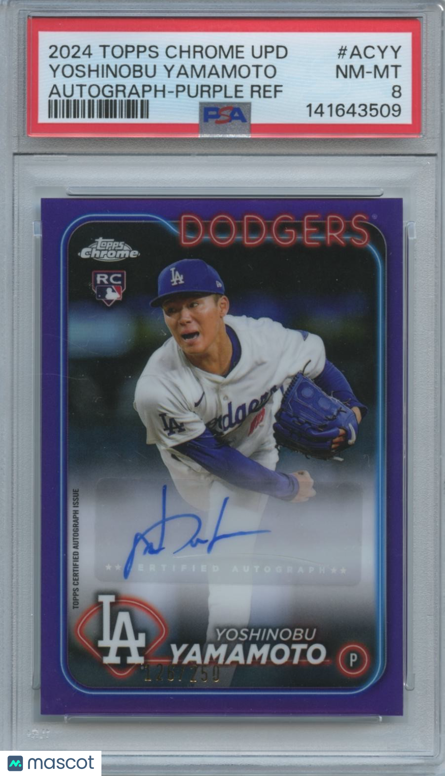 Yoshinobu Yamamoto 2024 Topps Chrome Purple Auto Autograph RC Dodgers /250 PSA 8