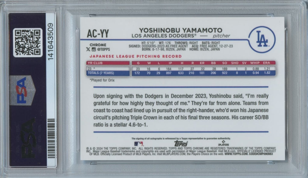 Yoshinobu Yamamoto 2024 Topps Chrome Purple Auto Autograph RC Dodgers /250 PSA 8