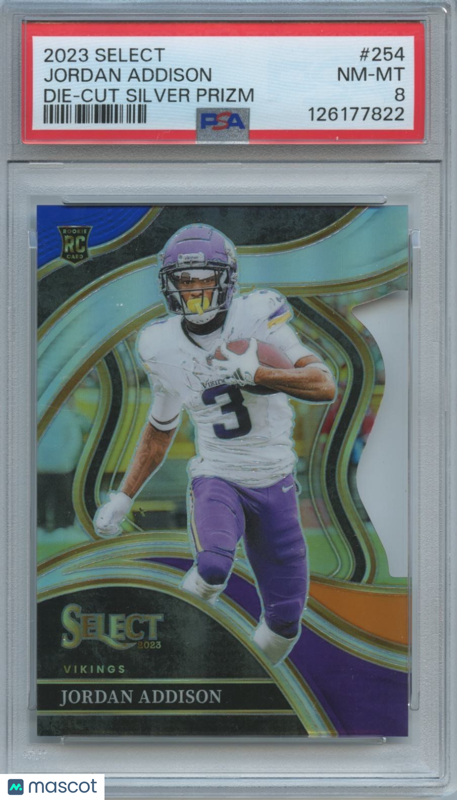 Jordan Addison 2023 Select Blue Orange Prizm Rookie RC Vikings 18/35 PSA 8