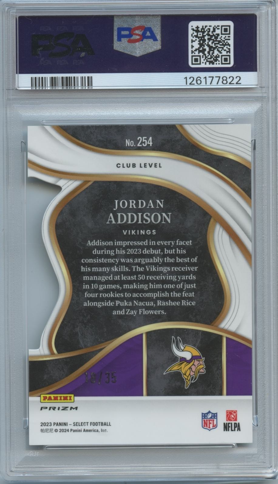 Jordan Addison 2023 Select Blue Orange Prizm Rookie RC Vikings 18/35 PSA 8