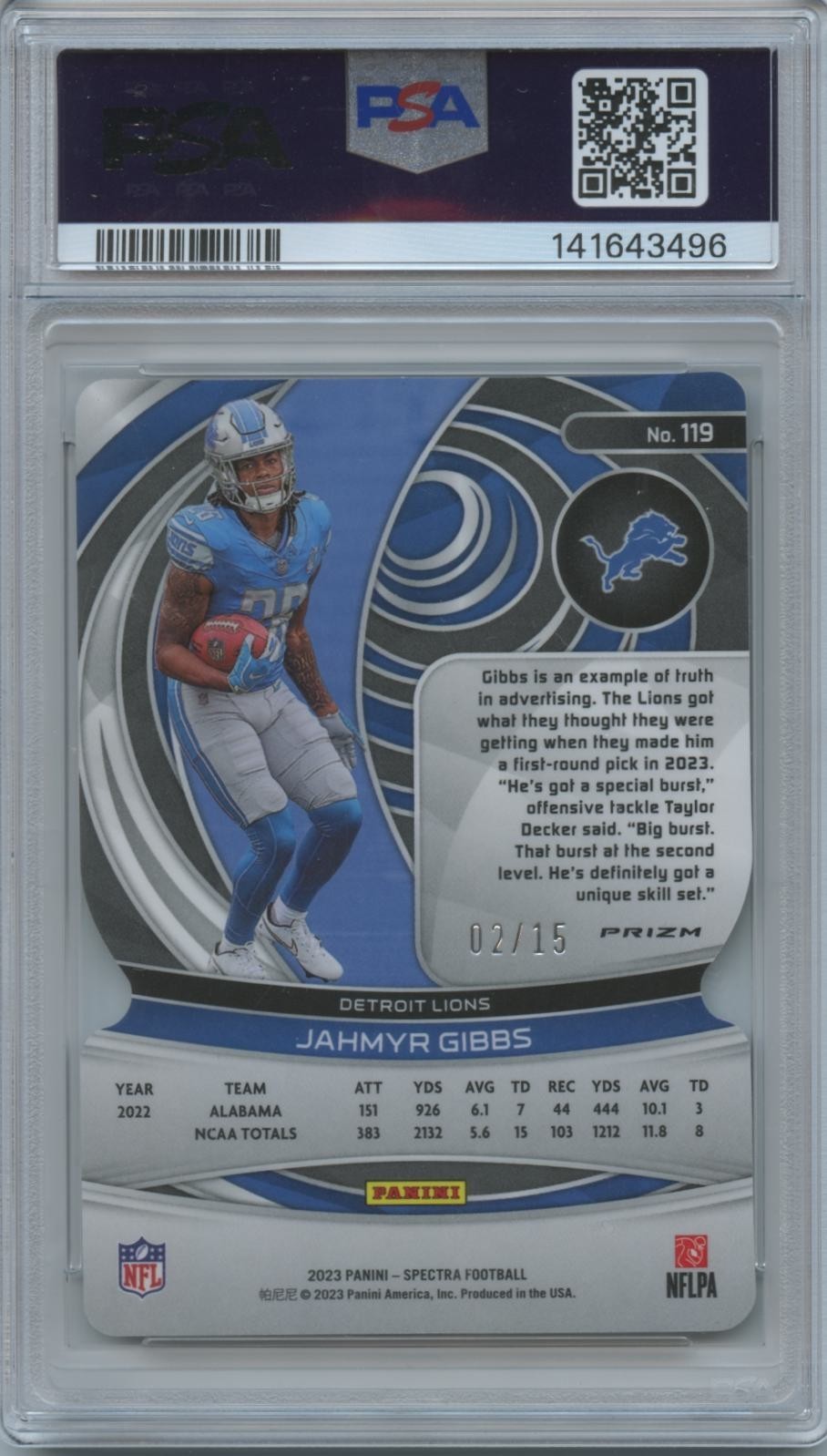 Jahmyr Gibbs 2023 Spectra Neon Orange DieCut Rookie RC Detroit Lions 2/15 PSA 10