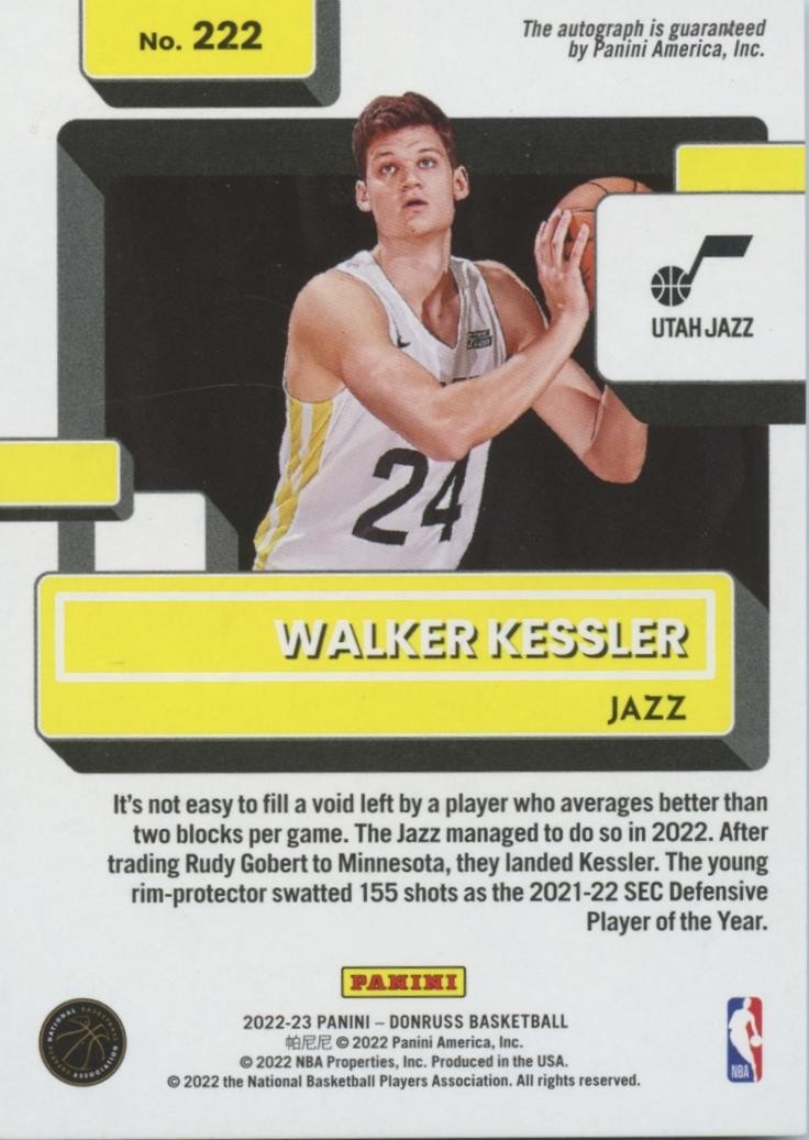 Walker Kessler 2022-23 Donruss Rated Rookie Auto Autograph Red Utah Jazz 63/99