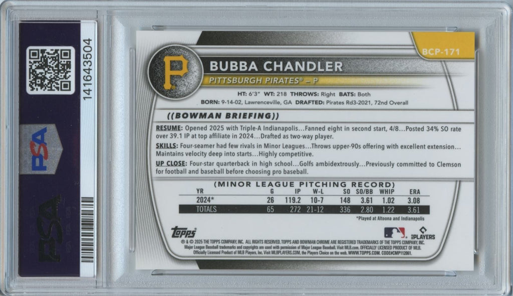 Bubba Chandler 2025 Bowman Chrome GOLD Refractor Pittsburgh Pirates 41/50 PSA 9