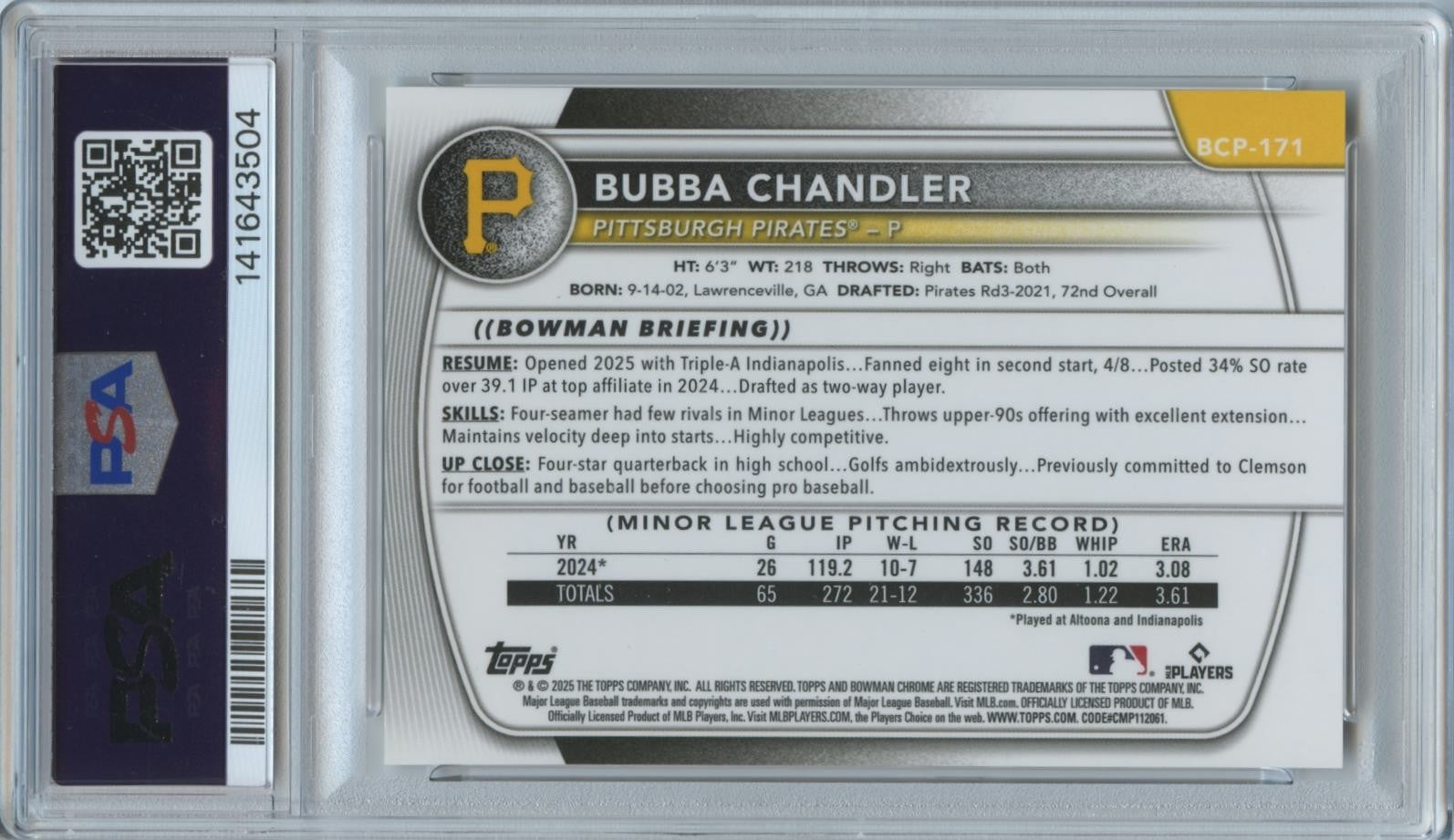 Bubba Chandler 2025 Bowman Chrome GOLD Refractor Pittsburgh Pirates 41/50 PSA 9