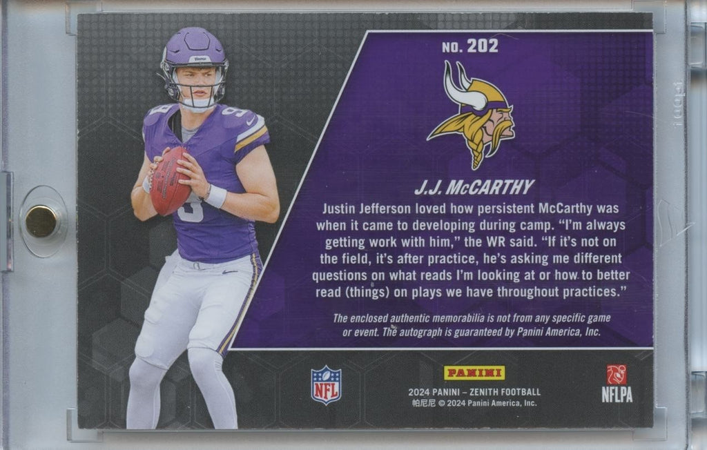 J.J. Mccarthy 2024 Zenith Auto Autograph Patch RC Minnesota Vikings 36/50