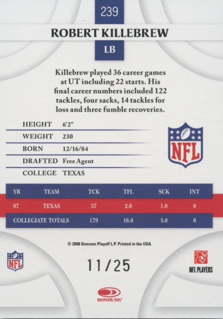 Robert Killebrew 2008 Donruss Threads Platinum Rookie RC Texas Longhorns 11/25