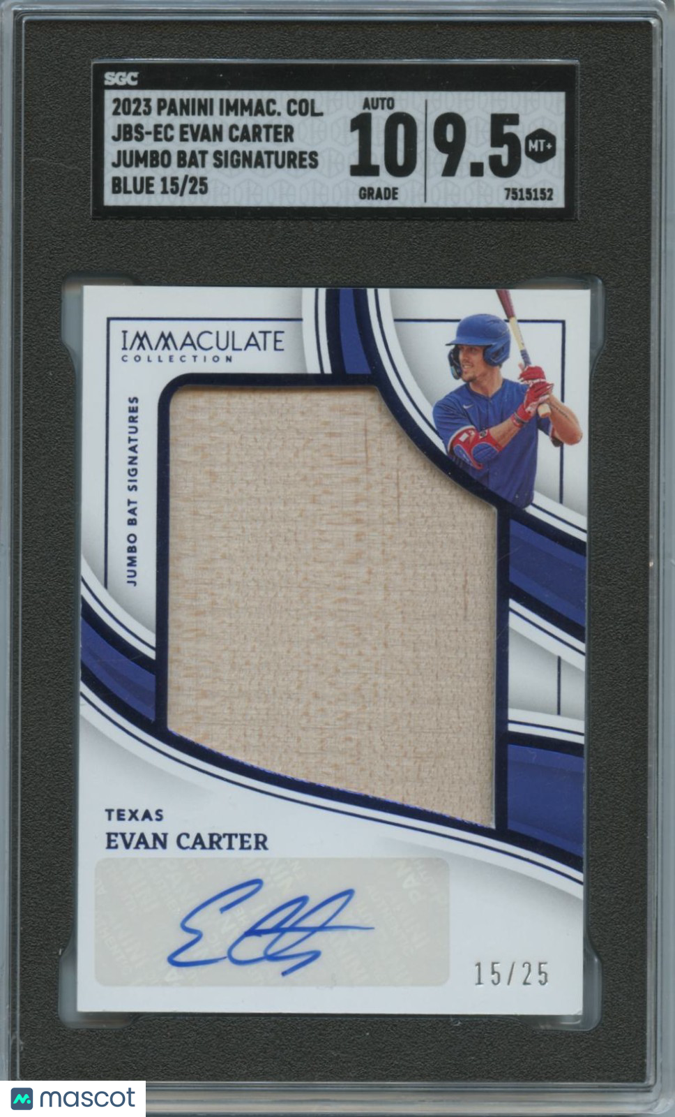 Evan Carter 2023 Immaculate Auto Autograph Bat Texas Rangers 15/25 SGC 9.5