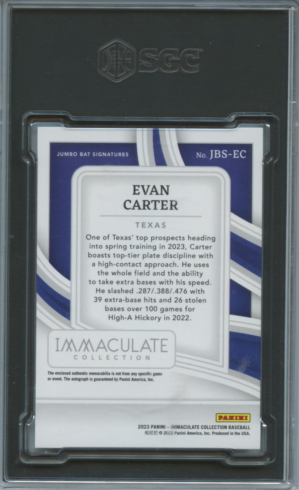Evan Carter 2023 Immaculate Auto Autograph Bat Texas Rangers 15/25 SGC 9.5
