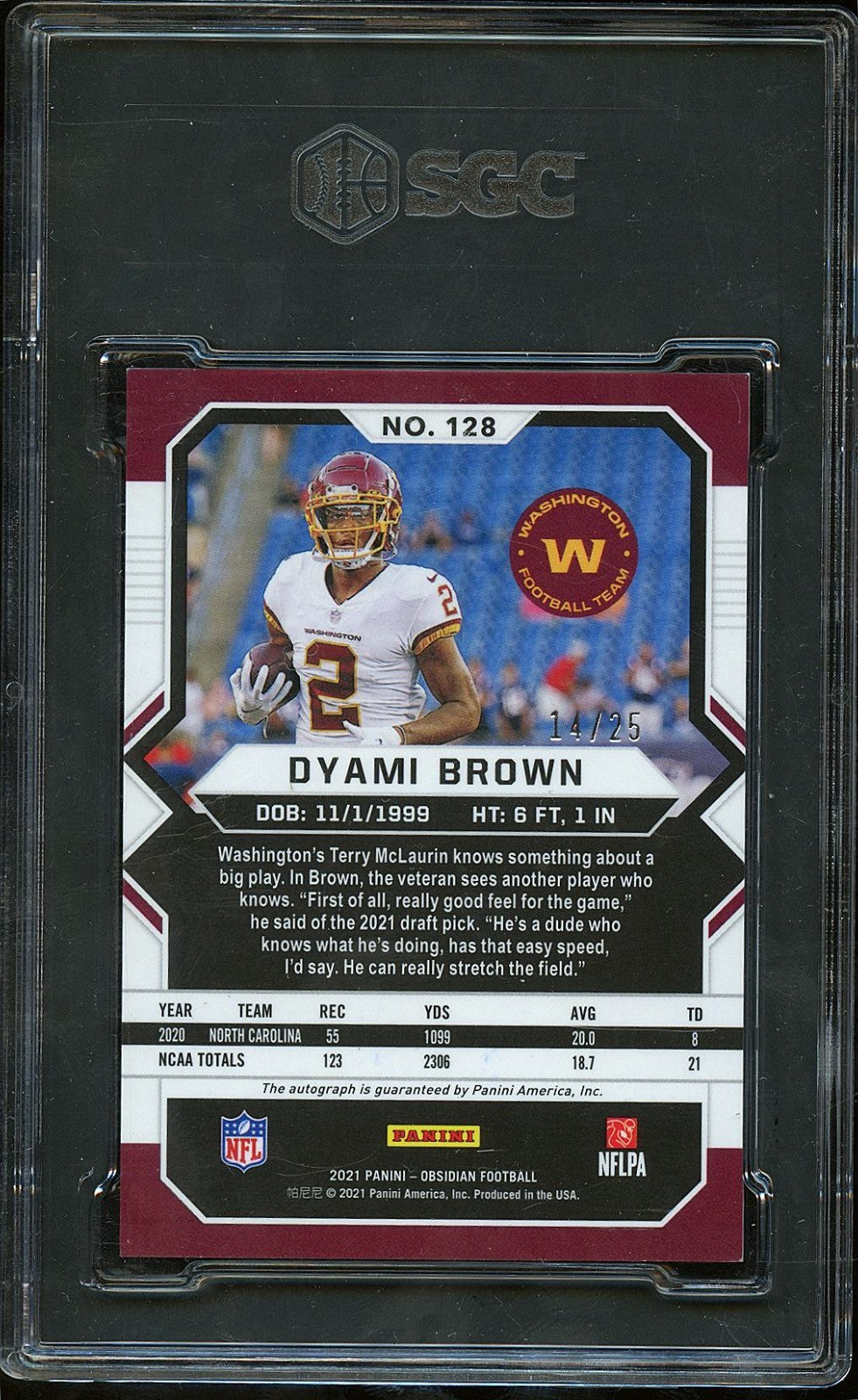 Dyami Brown 2021 Obsidian GOLD Auto Autograph RC Commanders 14/25 SGC 9.5