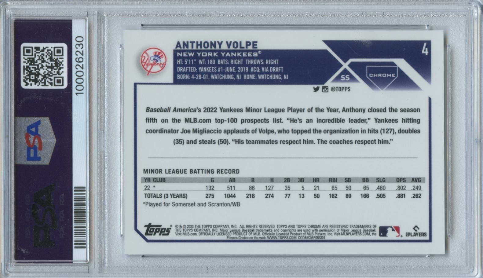 Anthony Volpe 2023 Topps Chrome Logofractor Image Variation SSP RC Yankees PSA 9