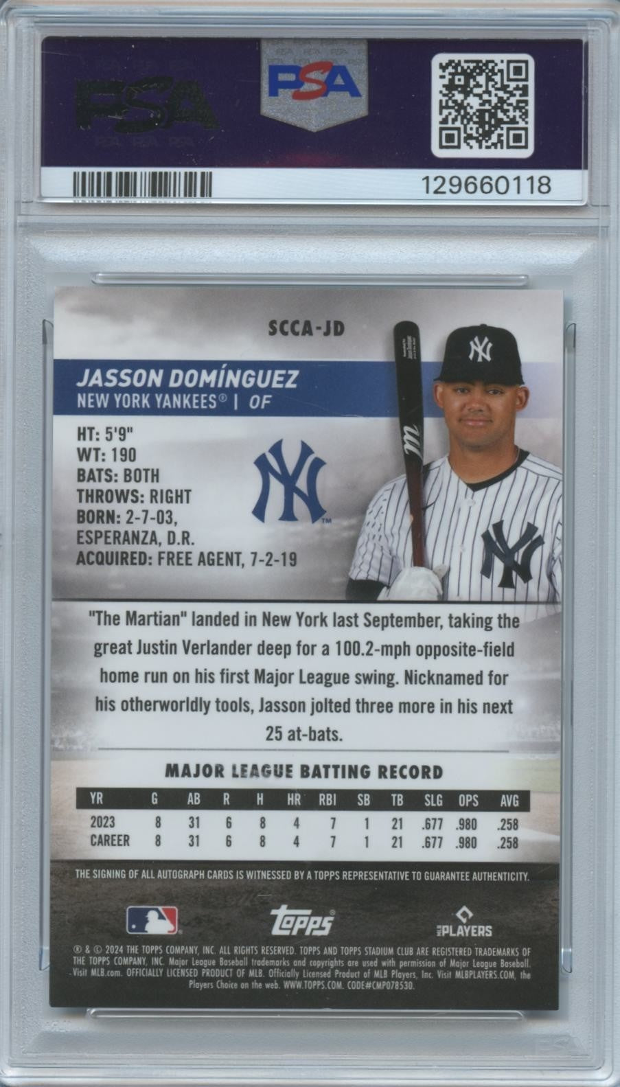 Jasson Dominguez 2024 Stadium Club Auto Autograph RC NY Yankees PSA 9