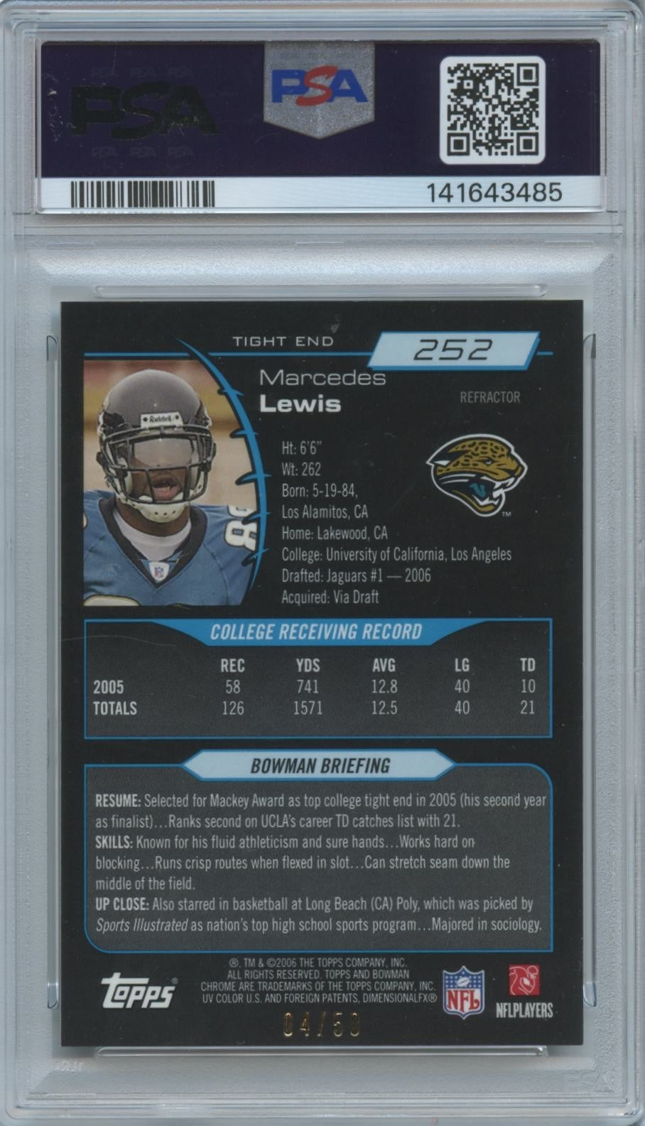 Marcedes Lewis 2006 Bowman Chrome GOLD Refractor Rookie RC 4/50 PSA 9