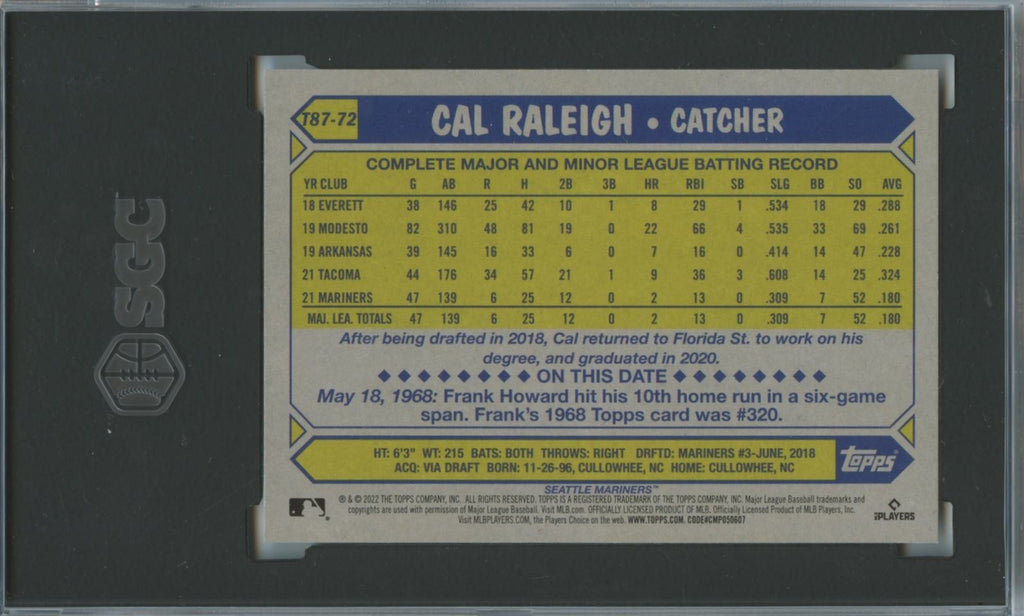 Cal Raleigh 2022 Topps '87 Rookie RC Seattle Mariners SGC 10