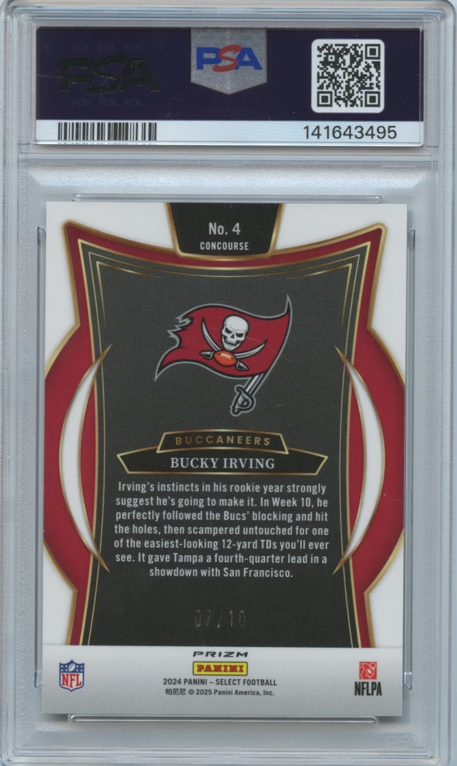 Bucky Irving 2024 Select GOLD Dragon Scale RC 7/10 JERSEY # Buccaneers PSA 9