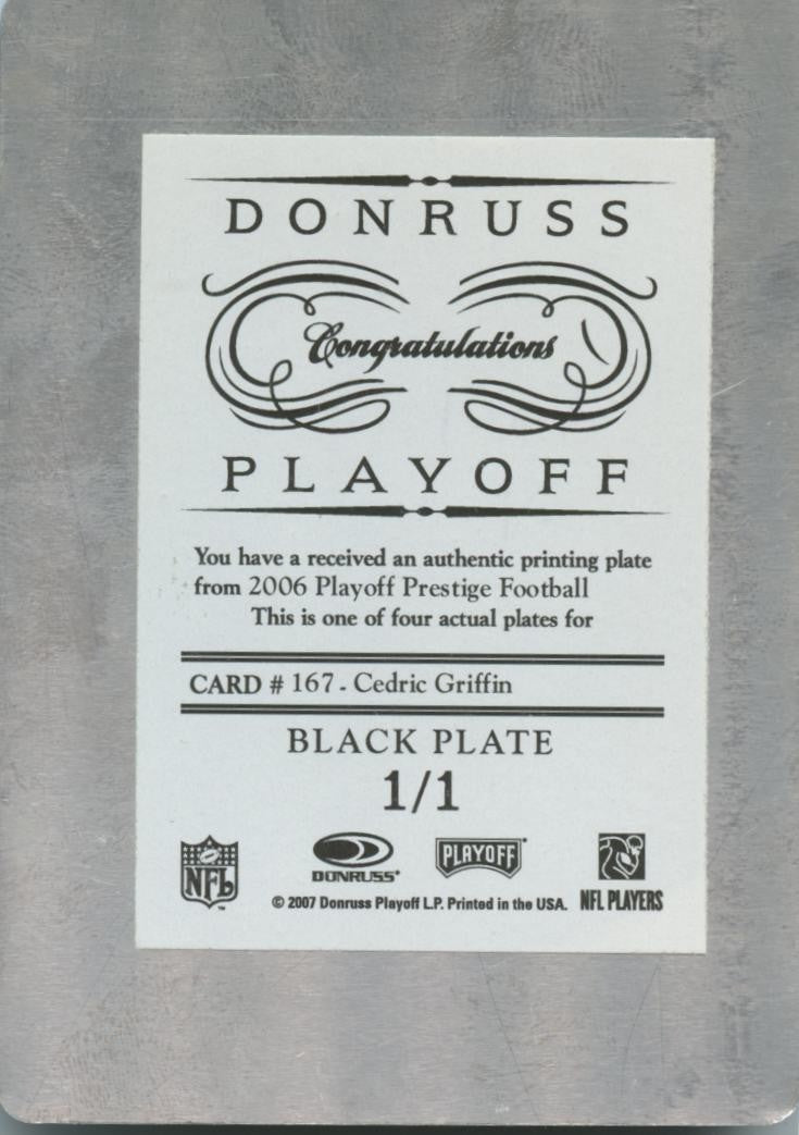 Cedric Griffin 2007 Donruss Playoff Black Printing Plate RC Texas Longhorns 1/1
