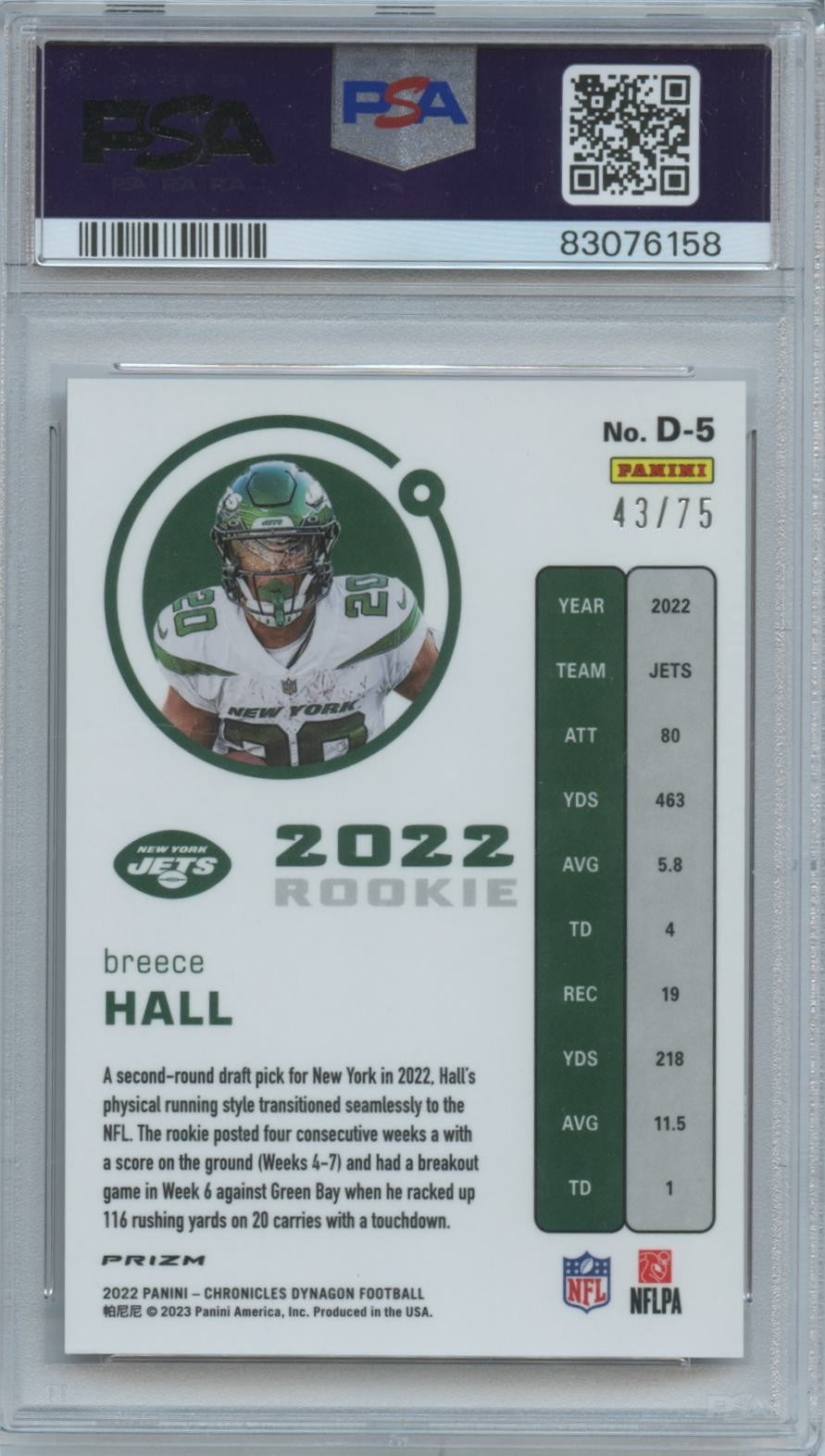 Breece Hall  2022 Dynagon Orange Prizm Rookie RC New York Jets 43/75 PSA 9
