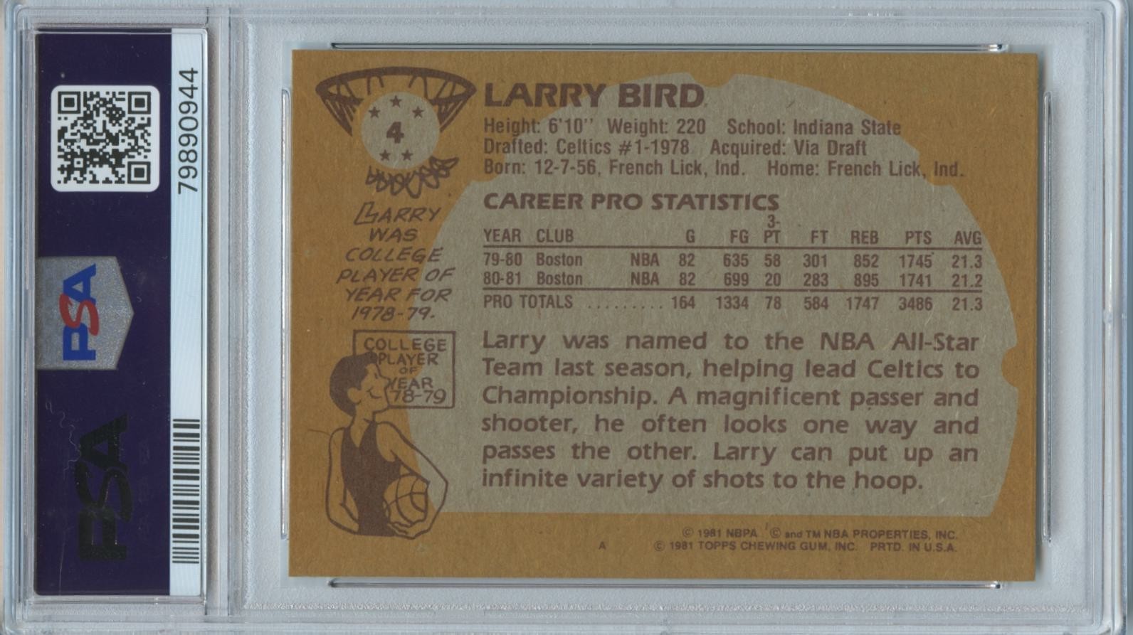 Larry Bird 1981 Topps Basketball Boston Celtics #4 PSA 7