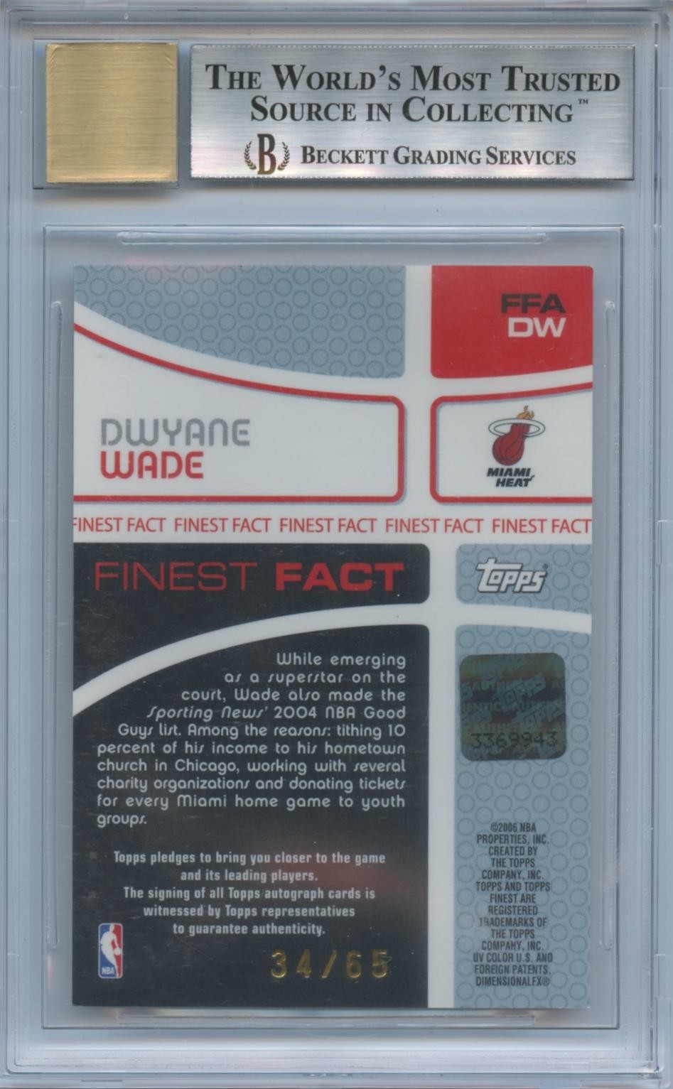 Dwyane Wade 2005-06 Topps Finest Auto Autograph Miami Heat 34/65 BGS 9 10