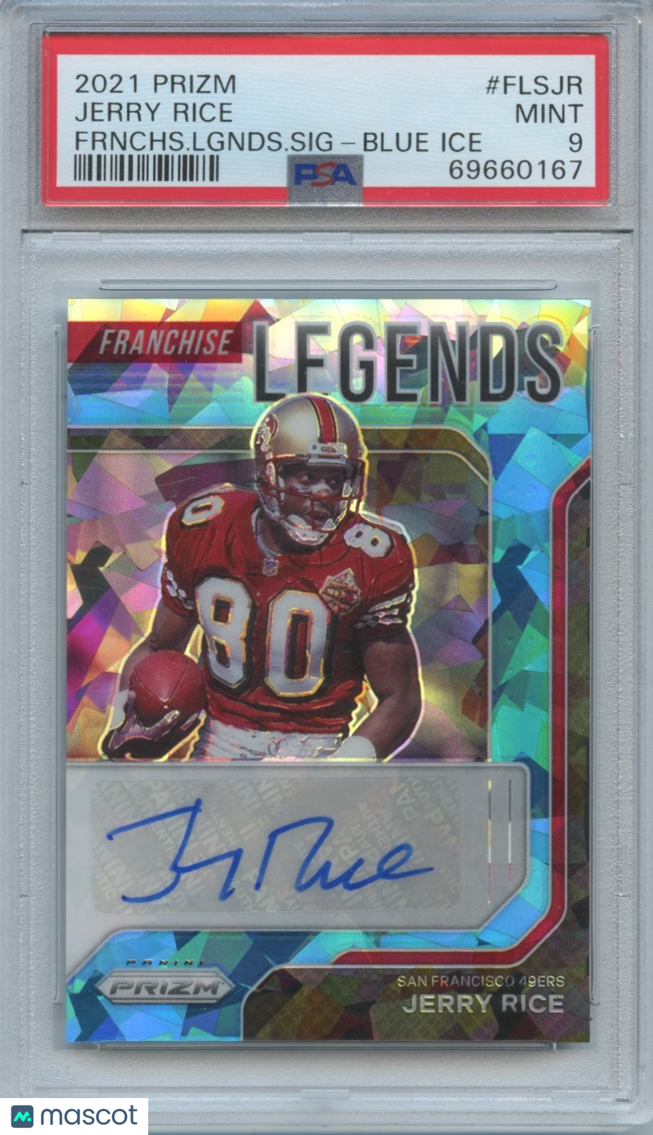 Jerry Rice 2021 Prizm Blue Ice Auto Autograph San Francisco 49ers 65/75 PSA 9