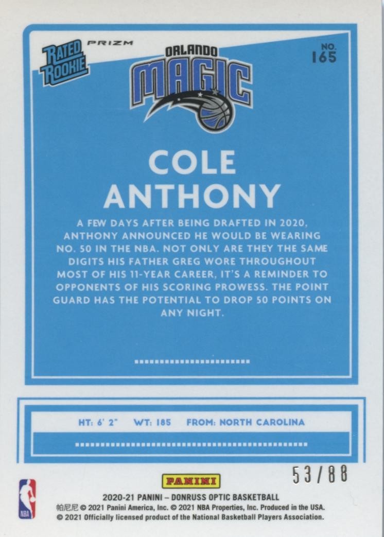 Cole Anthony 2020-21 Optic Red Mojo Prizm Rated Rookie RC Magic 53/88