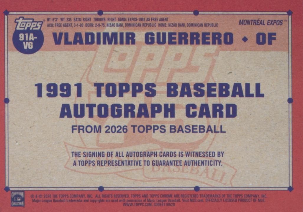 Vladimir Guerrero 2026 Topps '91 Orange On Card Auto Autograph Expos 7/25